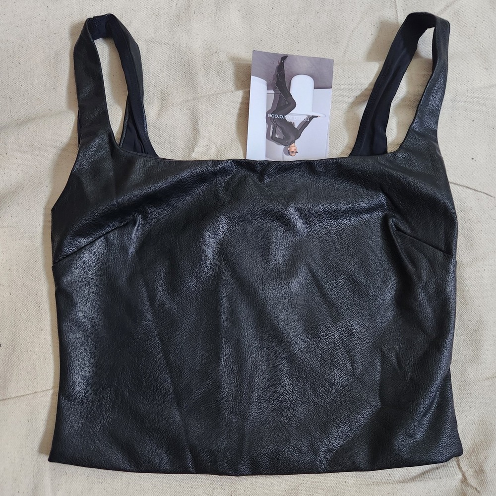 New Naked Wardrobe Black Faux Leather Crop Top Zip Square Neck S Small Tank